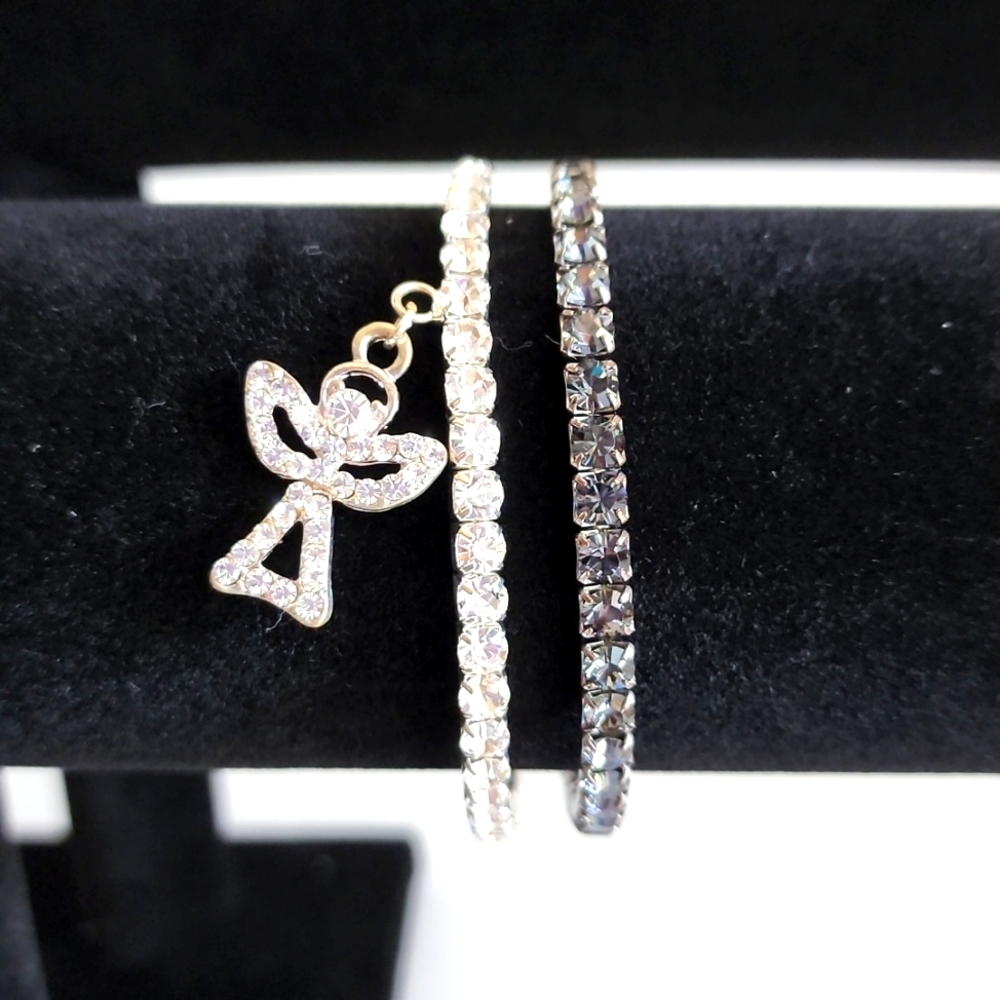 Black and White Rhinestone Bracelet Set with Angel Charm